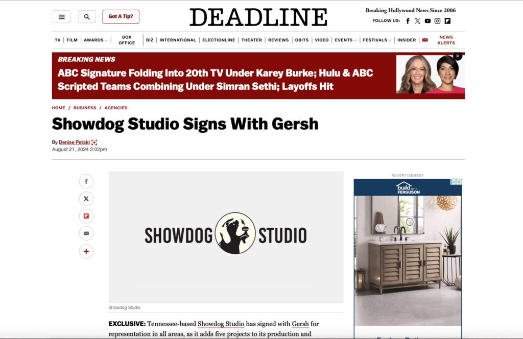 Deadline Article - Showdog Studio Signs With Gersh