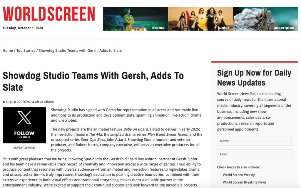 World Screen article - Showdog Studio Teams With Gersh, Adds To Slate