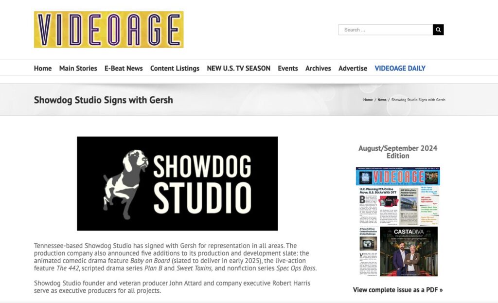 Videoage Article - Showdog Studio Signs with Gersh